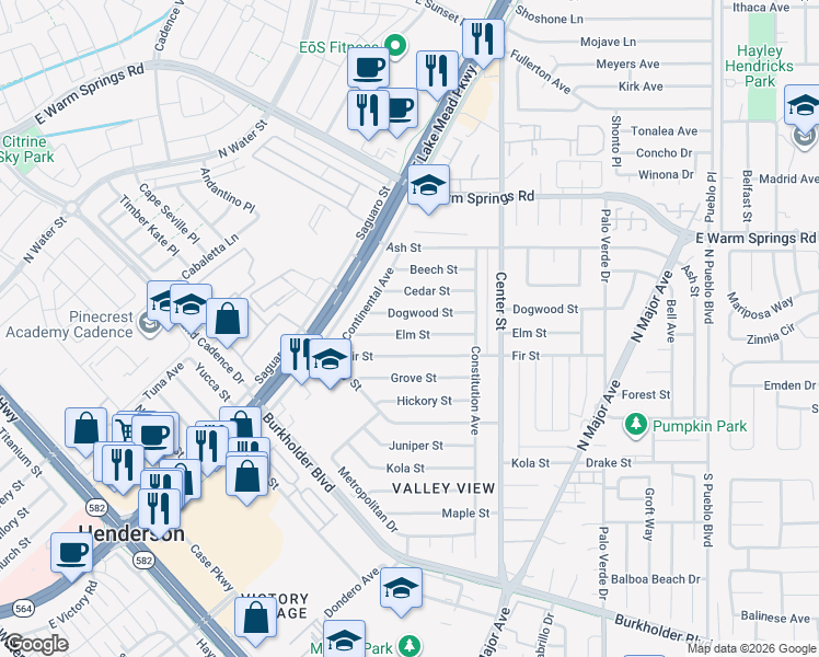 map of restaurants, bars, coffee shops, grocery stores, and more near 119 Dogwood Street in Henderson