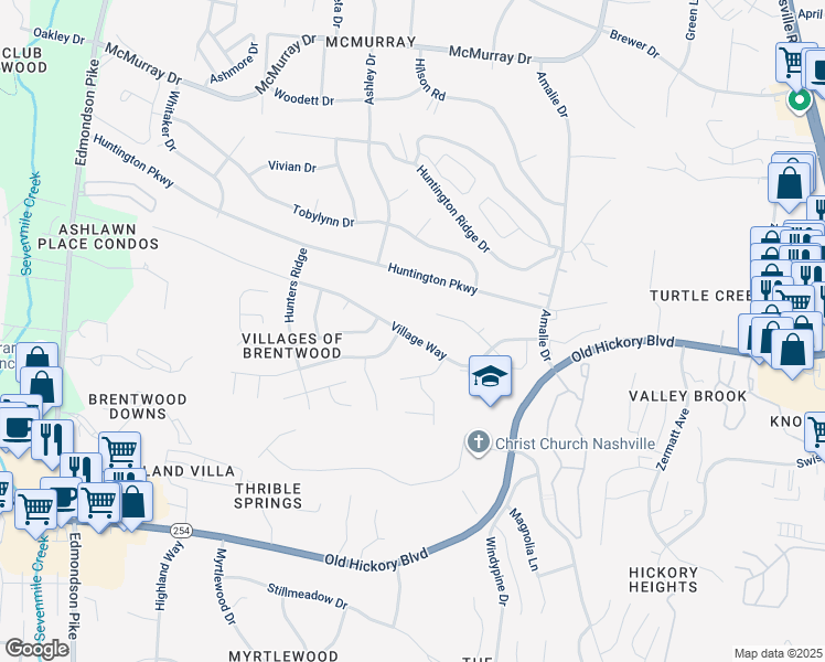 map of restaurants, bars, coffee shops, grocery stores, and more near 4953 Yorkshire Road in Nashville