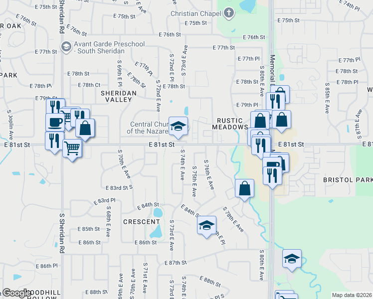 map of restaurants, bars, coffee shops, grocery stores, and more near 8105 South 74th East Avenue in Tulsa