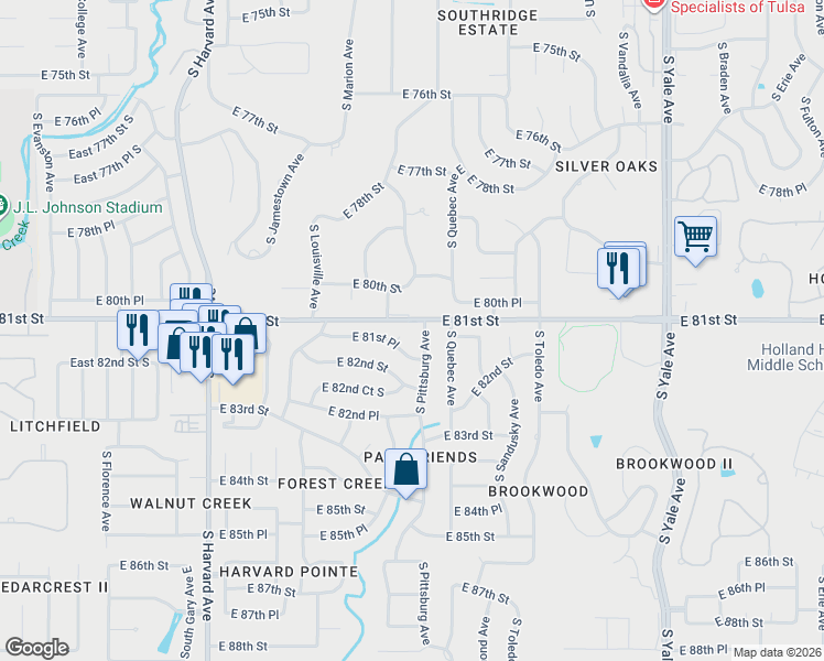 map of restaurants, bars, coffee shops, grocery stores, and more near 3763 East 81st Place in Tulsa