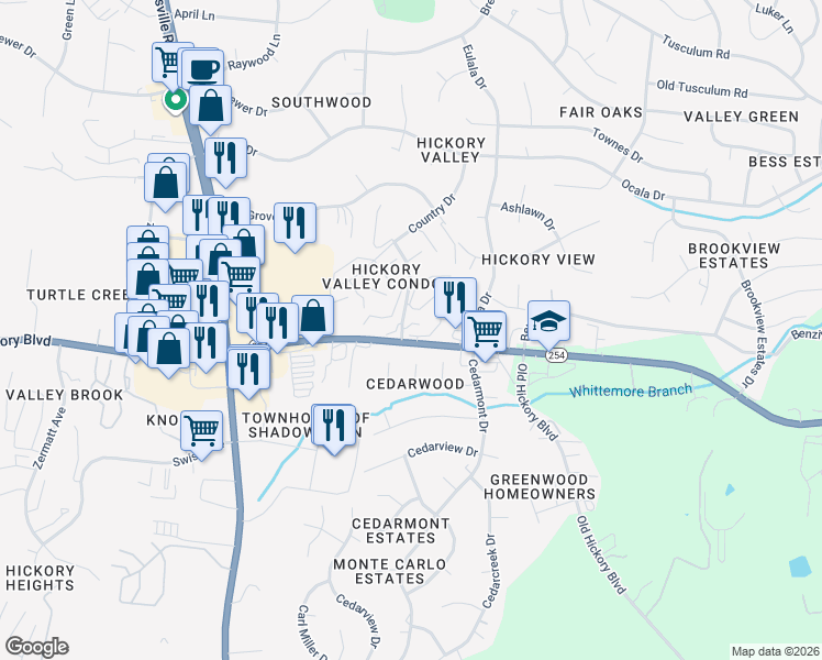 map of restaurants, bars, coffee shops, grocery stores, and more near 2001 Pinecrest Drive in Nashville