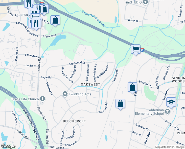 map of restaurants, bars, coffee shops, grocery stores, and more near 2008 Smokeridge Lane in Greensboro