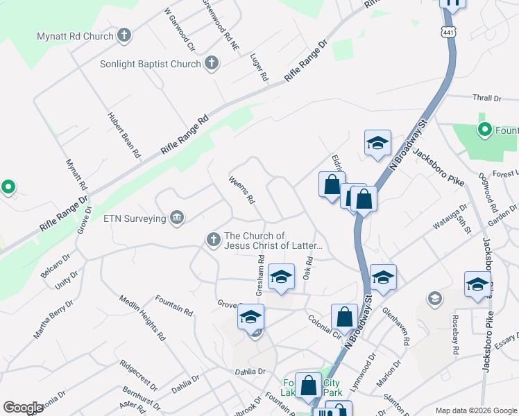 map of restaurants, bars, coffee shops, grocery stores, and more near 5913 Vanhorn Road Northeast in Knoxville