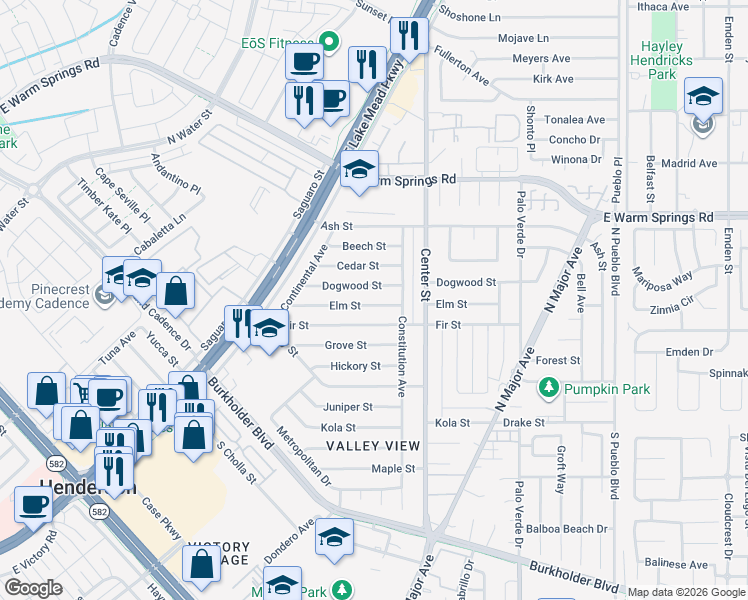 map of restaurants, bars, coffee shops, grocery stores, and more near 136 Elm Street in Henderson