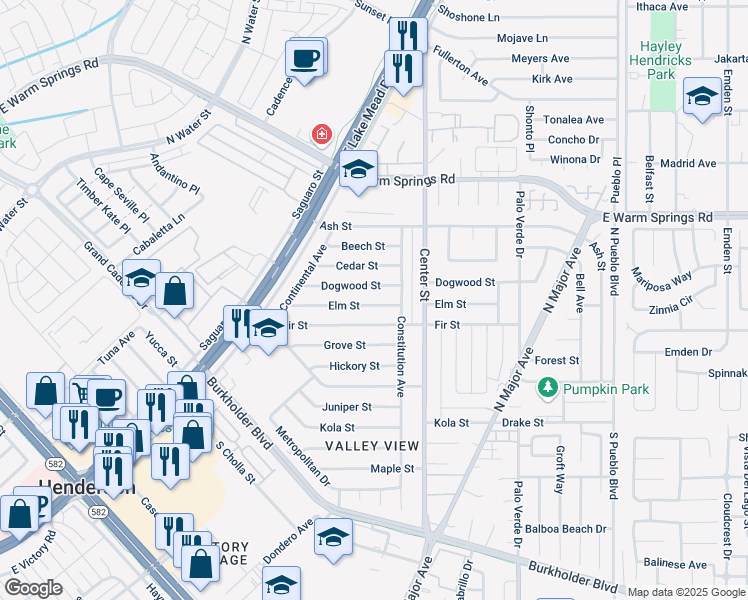 map of restaurants, bars, coffee shops, grocery stores, and more near 136 Elm Street in Henderson