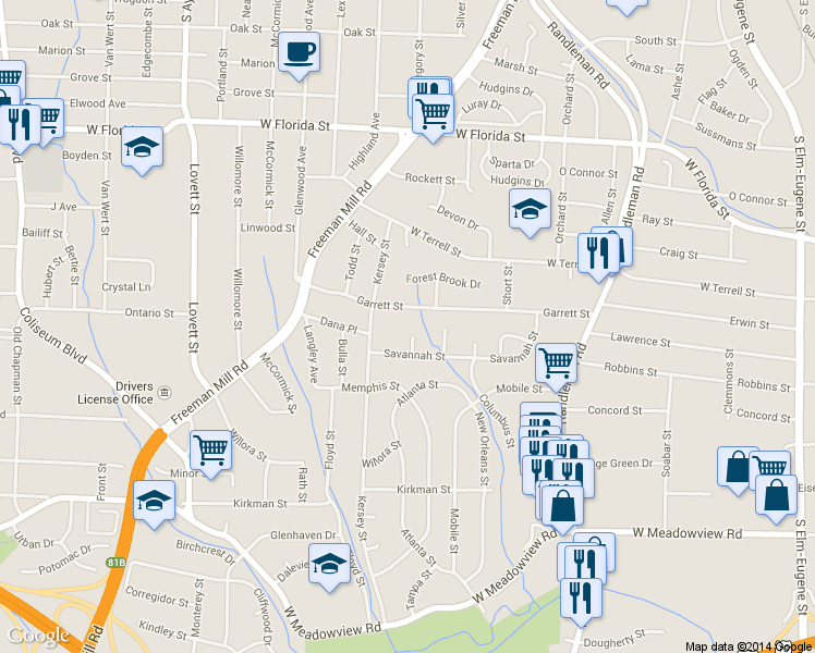 map of restaurants, bars, coffee shops, grocery stores, and more near 2200 Savannah Court in Greensboro