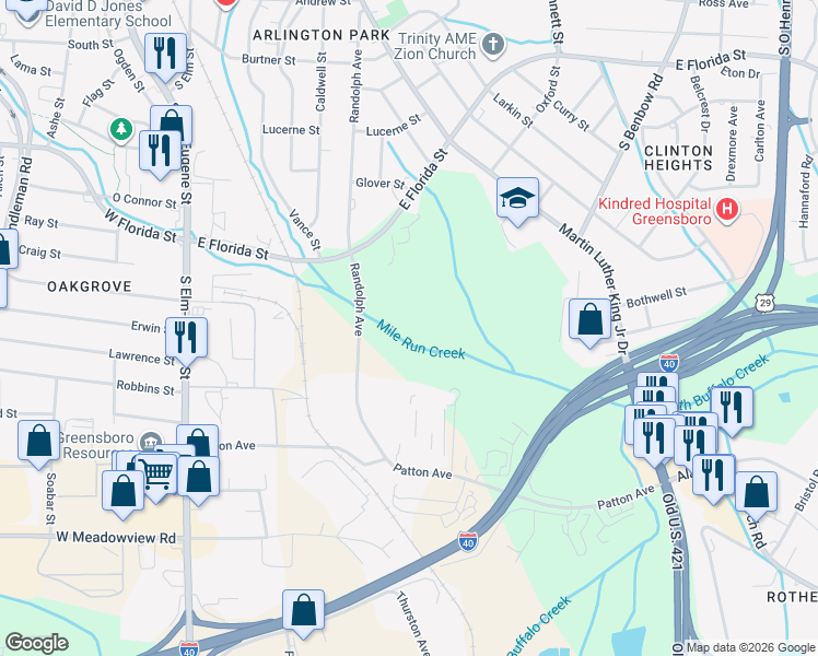map of restaurants, bars, coffee shops, grocery stores, and more near 2001-2251 Randolph Avenue in Greensboro