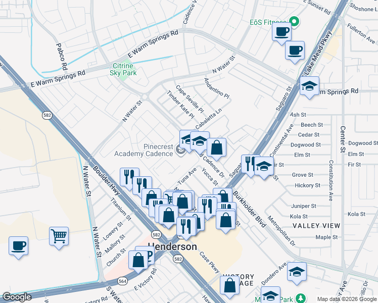 map of restaurants, bars, coffee shops, grocery stores, and more near 251 Tuna Avenue in Henderson