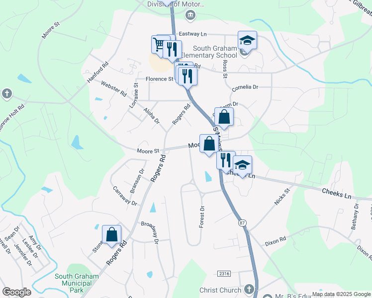 map of restaurants, bars, coffee shops, grocery stores, and more near 202 Moore Street in Graham