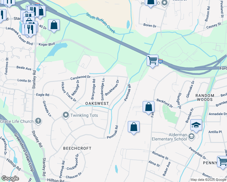 map of restaurants, bars, coffee shops, grocery stores, and more near 2103 Brickhaven Drive in Greensboro