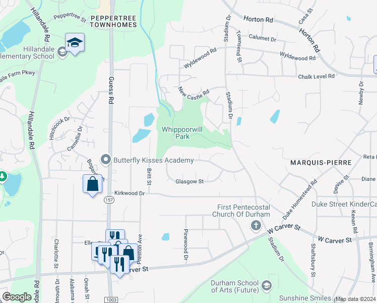 map of restaurants, bars, coffee shops, grocery stores, and more near 4 Tartan Court in Durham