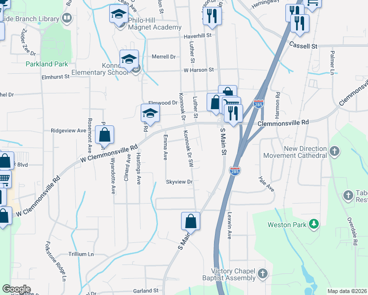 map of restaurants, bars, coffee shops, grocery stores, and more near 3628 Konnoak Drive in Winston-Salem