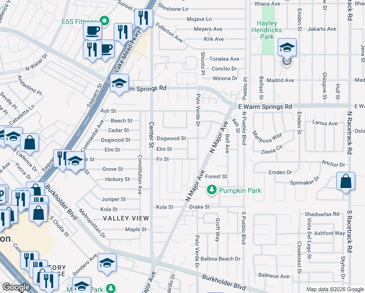 map of restaurants, bars, coffee shops, grocery stores, and more near 225 Elm Street in Henderson