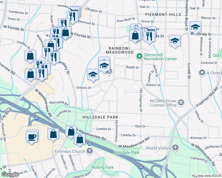 map of restaurants, bars, coffee shops, grocery stores, and more near in Greensboro