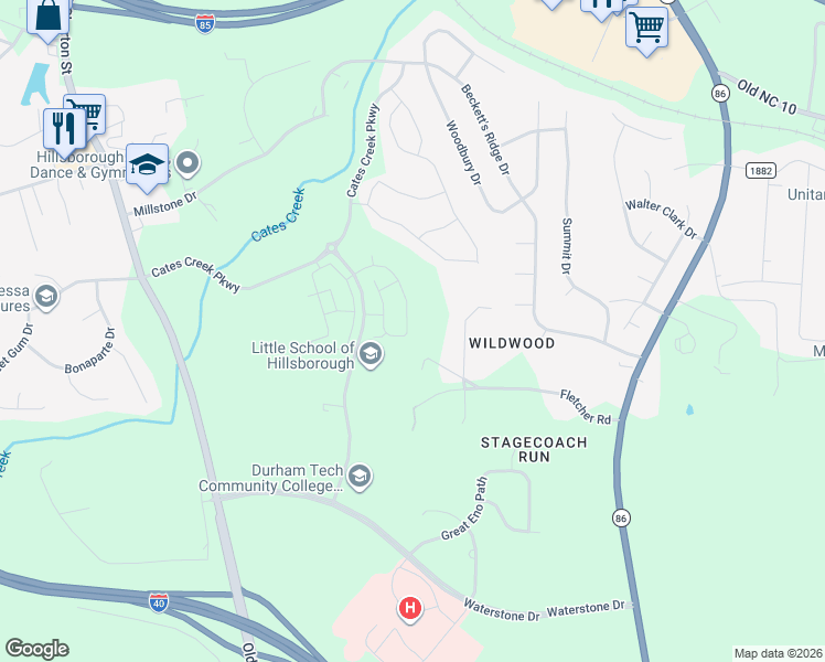 map of restaurants, bars, coffee shops, grocery stores, and more near 307 Rubrum Drive in Hillsborough