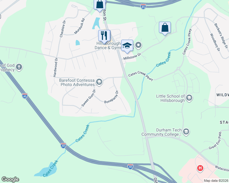 map of restaurants, bars, coffee shops, grocery stores, and more near 106 Bonaparte Drive in Hillsborough
