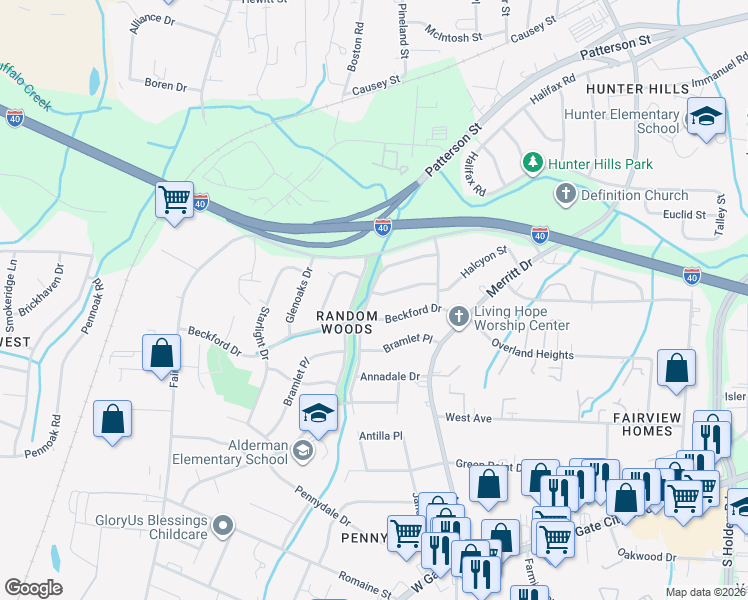 map of restaurants, bars, coffee shops, grocery stores, and more near 4116 Farmbrooke Drive in Greensboro