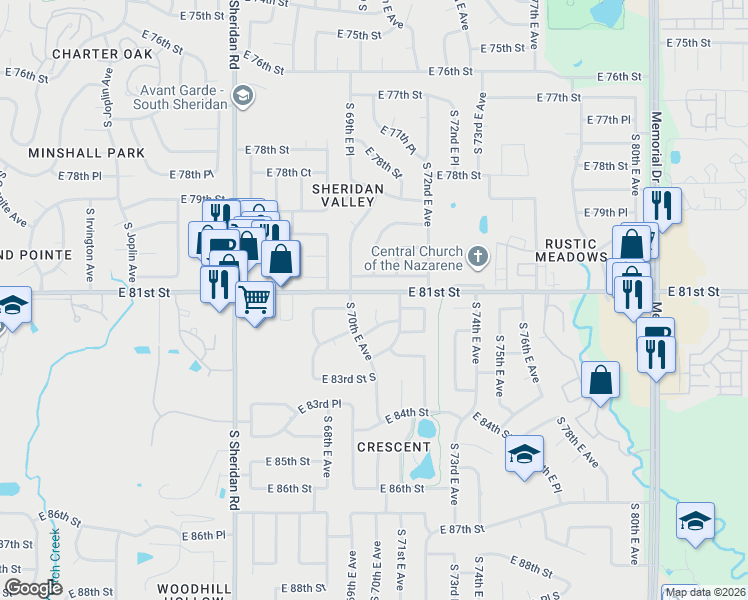 map of restaurants, bars, coffee shops, grocery stores, and more near 7030 East 80th Street in Tulsa
