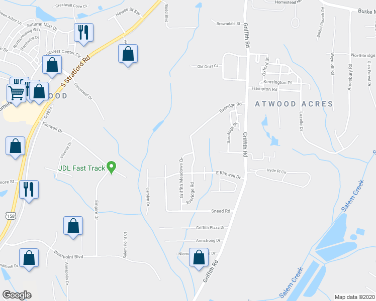 map of restaurants, bars, coffee shops, grocery stores, and more near 2414 Griffith Meadows Drive in Winston-Salem