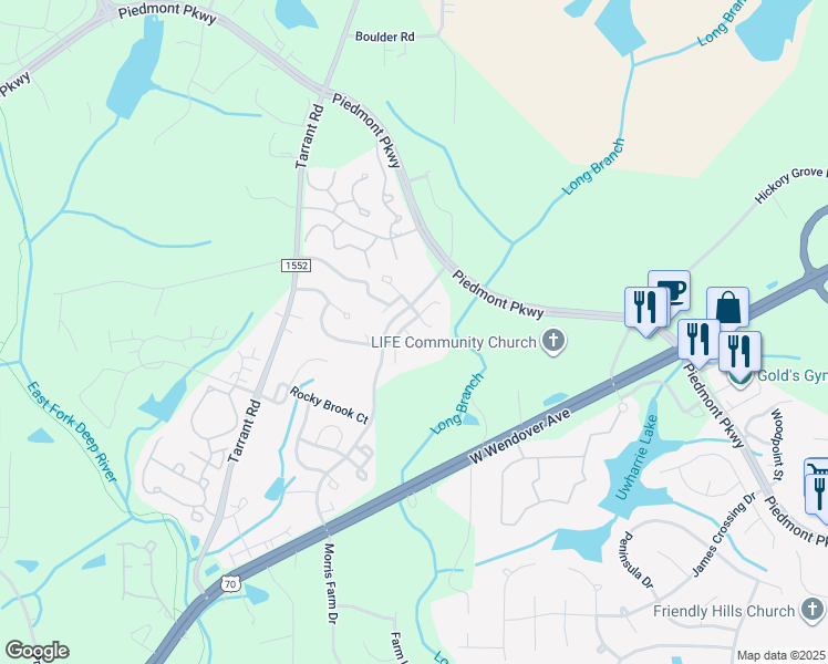 map of restaurants, bars, coffee shops, grocery stores, and more near 4607 Village Square Court in Greensboro