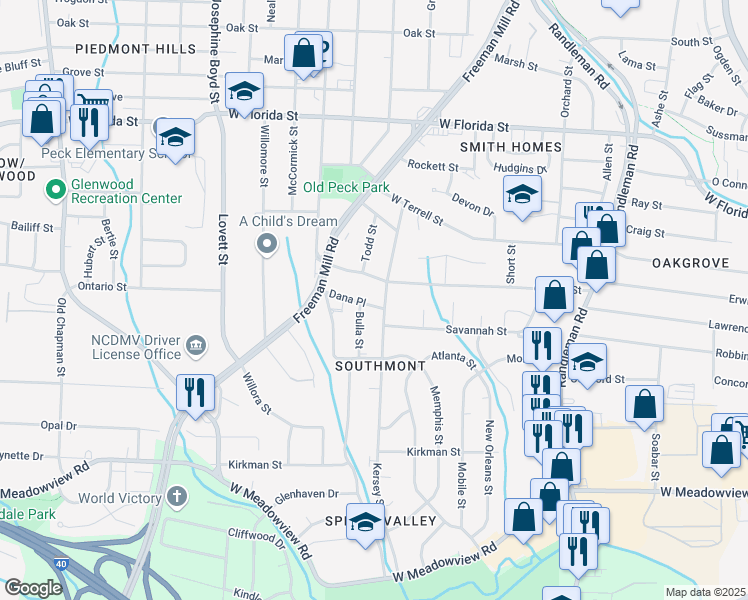 map of restaurants, bars, coffee shops, grocery stores, and more near 802 Dana Place in Greensboro