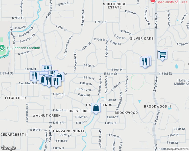 map of restaurants, bars, coffee shops, grocery stores, and more near 3763 East 81st Place in Tulsa