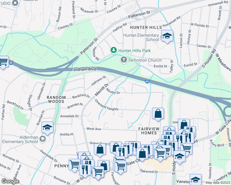 map of restaurants, bars, coffee shops, grocery stores, and more near 3808 Mosby Drive in Greensboro
