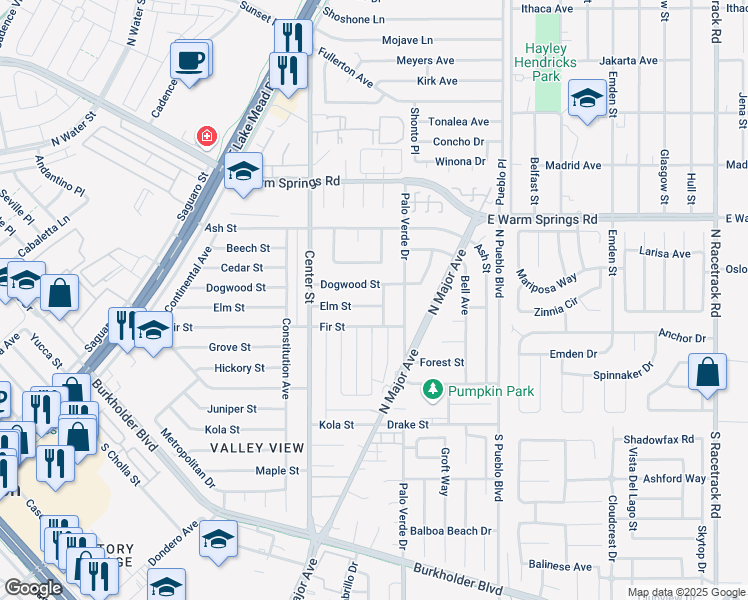 map of restaurants, bars, coffee shops, grocery stores, and more near 225 Elm Street in Henderson