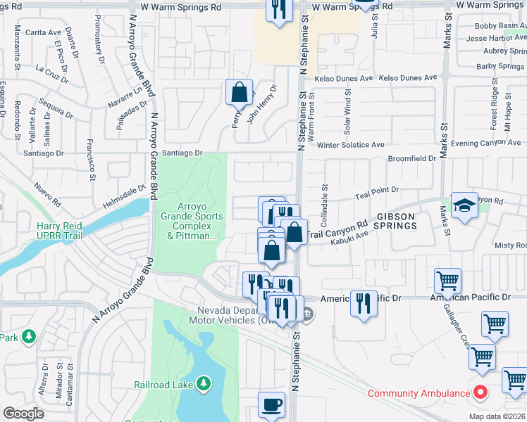 map of restaurants, bars, coffee shops, grocery stores, and more near 1418 East Still Creek Avenue in Henderson