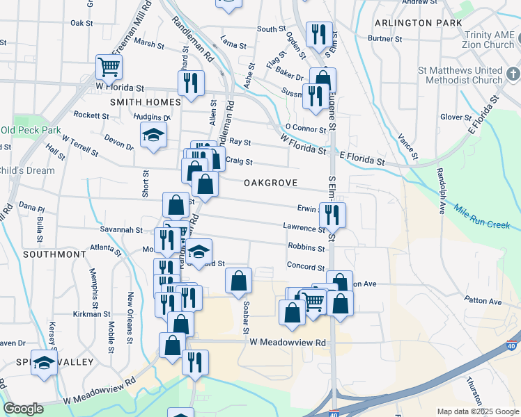 map of restaurants, bars, coffee shops, grocery stores, and more near 211 Erwin Street in Greensboro