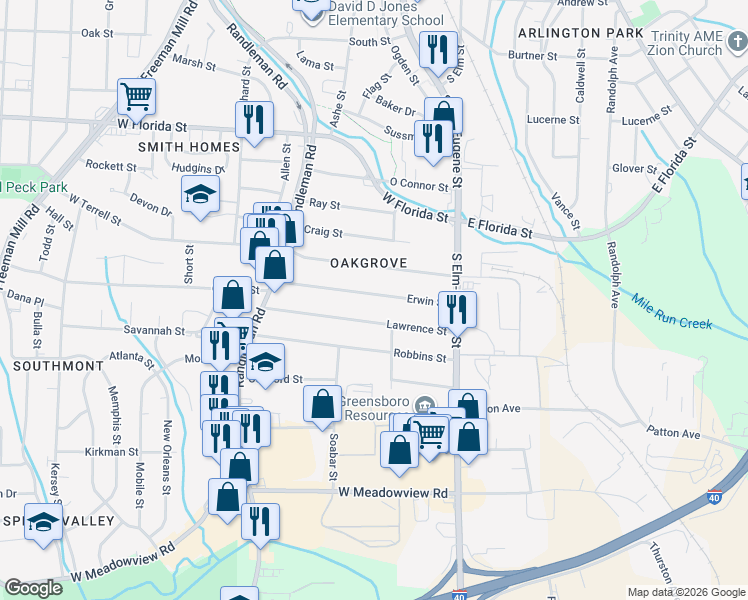 map of restaurants, bars, coffee shops, grocery stores, and more near 210 Erwin Street in Greensboro
