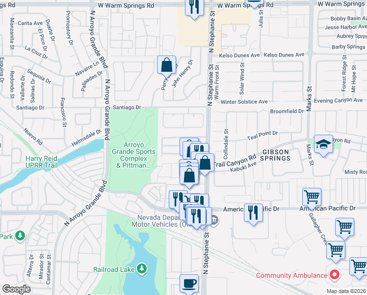map of restaurants, bars, coffee shops, grocery stores, and more near 1418 East Still Creek Avenue in Henderson