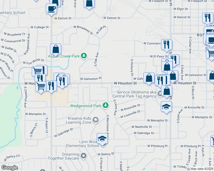 map of restaurants, bars, coffee shops, grocery stores, and more near 1400 West Indianola Street in Broken Arrow