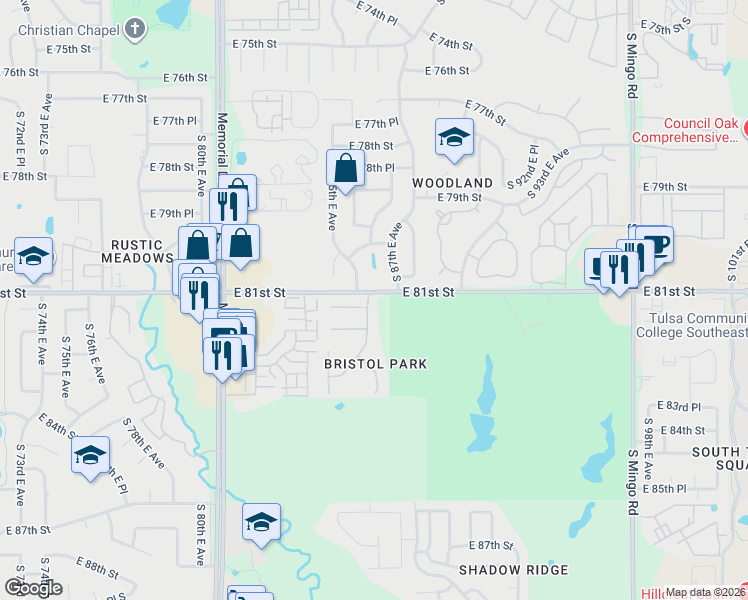 map of restaurants, bars, coffee shops, grocery stores, and more near 8027 South 86th East Avenue in Tulsa