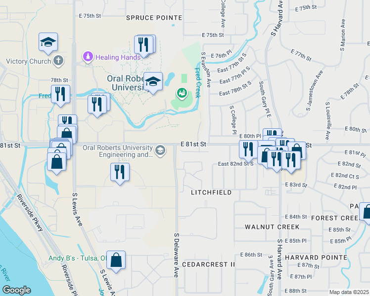 map of restaurants, bars, coffee shops, grocery stores, and more near 2823 East 81st Place in Tulsa