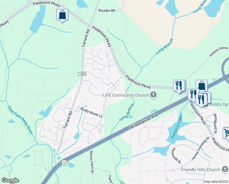 map of restaurants, bars, coffee shops, grocery stores, and more near 4607 Village Square Court in Greensboro