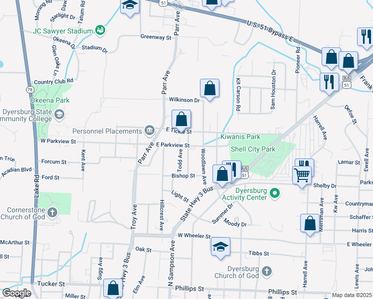 map of restaurants, bars, coffee shops, grocery stores, and more near 411 East Parkview Street in Dyersburg
