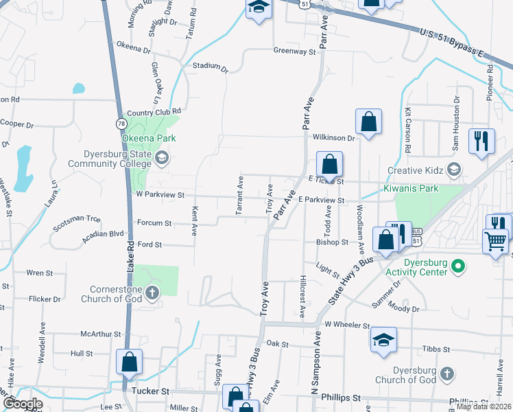 map of restaurants, bars, coffee shops, grocery stores, and more near 113 East Parkview Street in Dyersburg