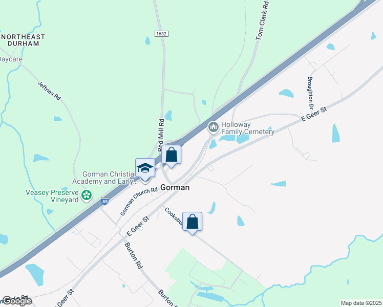 map of restaurants, bars, coffee shops, grocery stores, and more near 3509 Gorman Church Road in Durham
