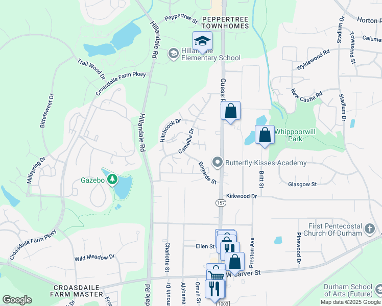 map of restaurants, bars, coffee shops, grocery stores, and more near 2128 Bogarde Street in Durham