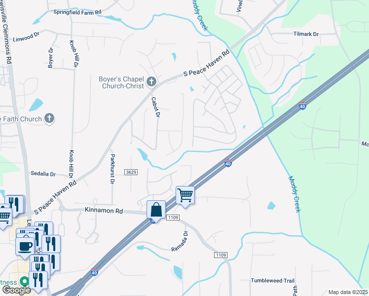 map of restaurants, bars, coffee shops, grocery stores, and more near 3028 Cameron Village Court in Winston-Salem