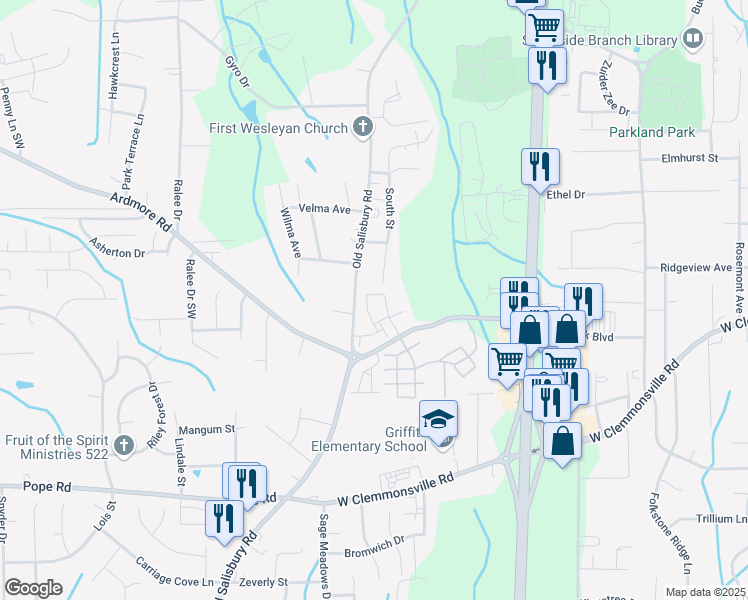 map of restaurants, bars, coffee shops, grocery stores, and more near 1770 Grand Silo Way in Winston-Salem