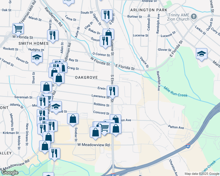 map of restaurants, bars, coffee shops, grocery stores, and more near 100 Erwin Street in Greensboro