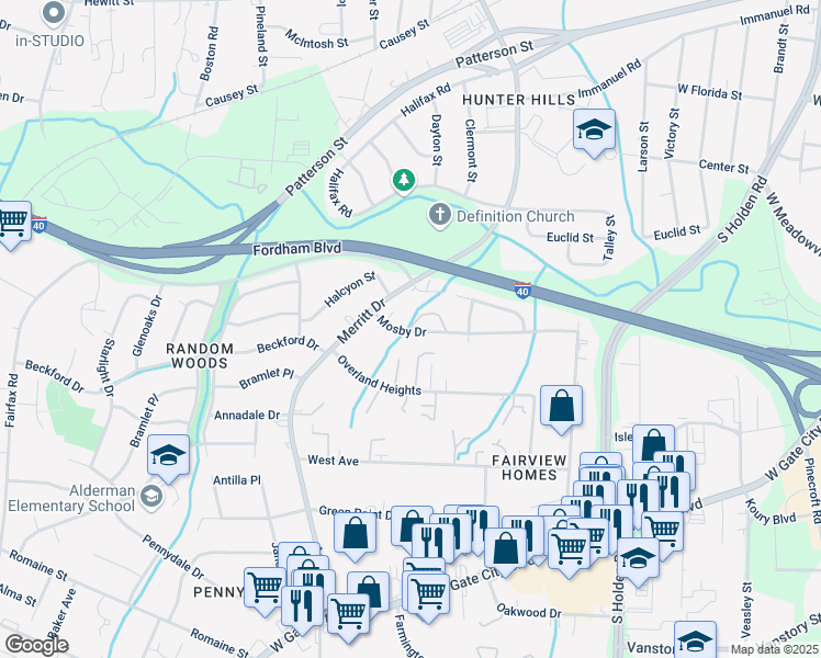 map of restaurants, bars, coffee shops, grocery stores, and more near 3810 Mosby Drive in Greensboro