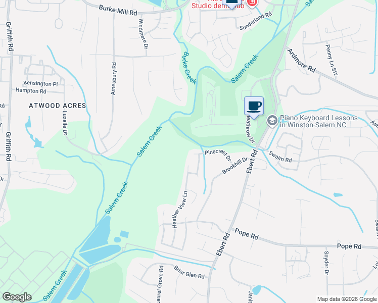 map of restaurants, bars, coffee shops, grocery stores, and more near 2975 Pinecrest Drive in Winston-Salem