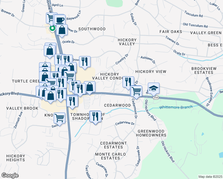 map of restaurants, bars, coffee shops, grocery stores, and more near 5600 Country Drive in Nashville