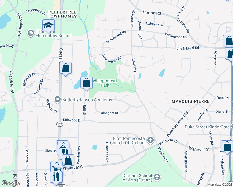 map of restaurants, bars, coffee shops, grocery stores, and more near 8 Cairn Court in Durham