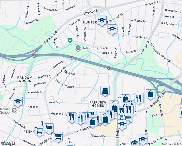 map of restaurants, bars, coffee shops, grocery stores, and more near 3704 Mosby Drive in Greensboro