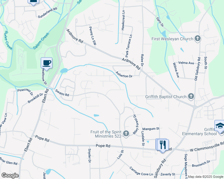 map of restaurants, bars, coffee shops, grocery stores, and more near 1943 Shillington Drive in Winston-Salem