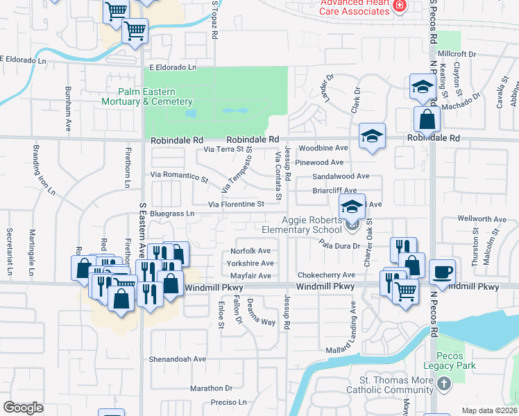 map of restaurants, bars, coffee shops, grocery stores, and more near 2816 Via Florentine Street in Henderson